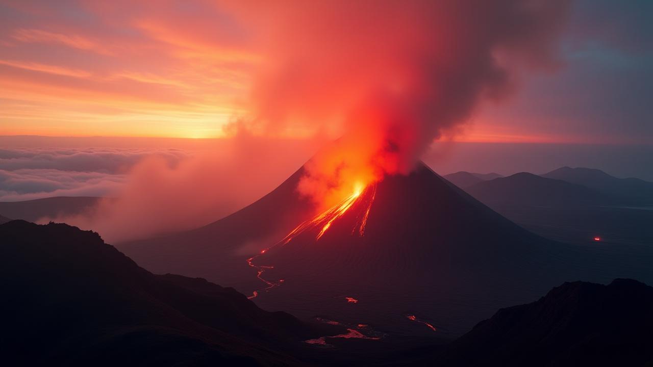 धुएँ उगलते हुए ज्वालामुखी और जगमगाते हुए भू-तापीय क्षेत्र का शानदार दृश्य
