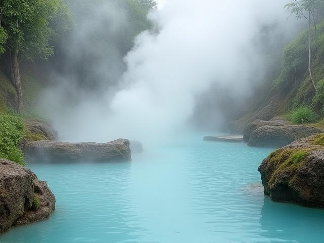 न्यूजीलैंड में एक नए भू-तापीय स्पा का शांत दृश्य