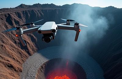 एक ड्रोन एक सक्रिय ज्वालामुखी के ऊपर उड़ान भर रहा है, उच्च-गुणवत्ता वाले फुटेज को कैप्चर कर रहा है