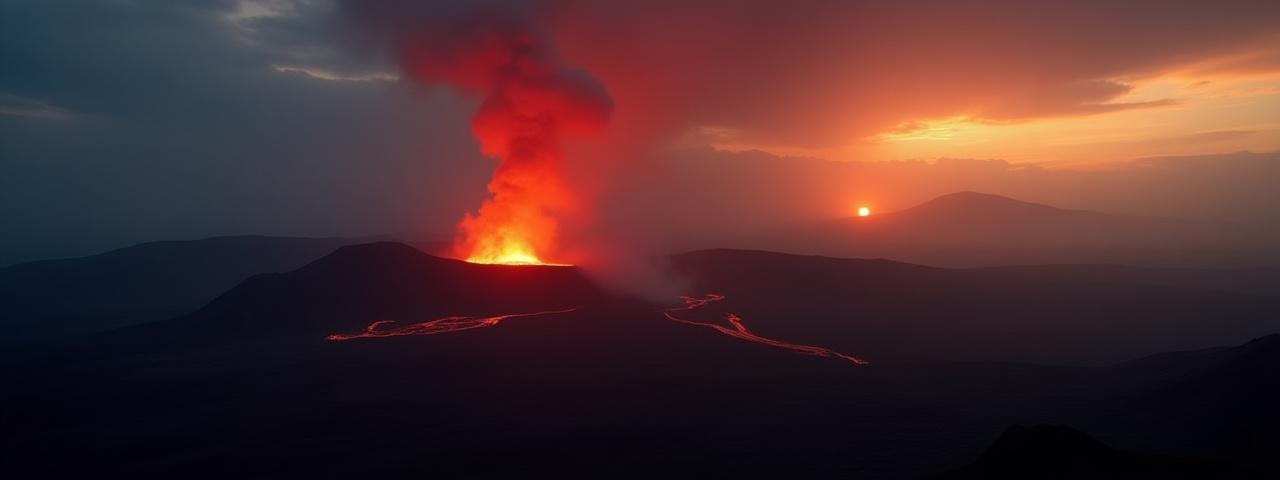 आग्नेय परिदृश्य के साथ एक ग्राफिक चित्रण, क्रैकटोआ मीडिया की डिजिटल मार्केटिंग सेवाओं का प्रतीक