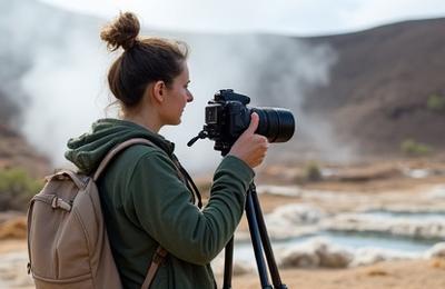 एक इन्फ्लुएंसर ज्वालामुखी के दृश्य के साथ तस्वीरें ले रहा है