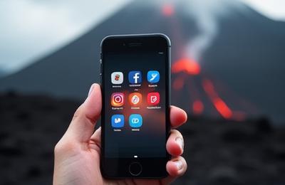 एक हाथ सोशल मीडिया आइकन दिखाता हुआ एक स्मार्टफोन पकड़े हुए है, जिसमें पृष्ठभूमि में एक ज्वालामुखी है