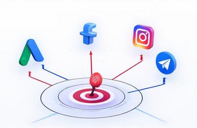 विभिन्न विज्ञापन प्लेटफार्मों जैसे गूगल और फेसबुक के आइकन के साथ एक ग्राफ